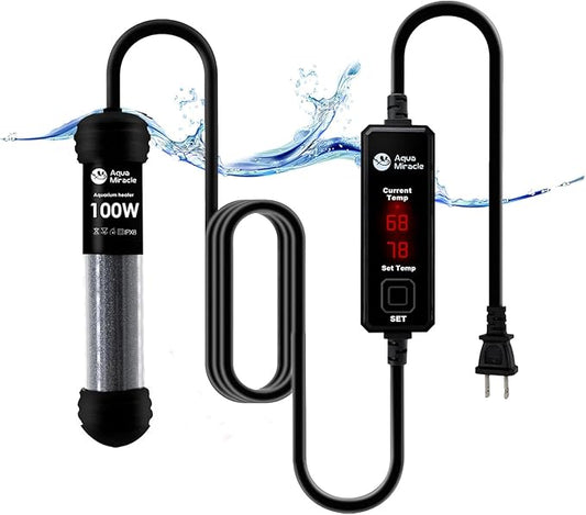 AquaMiracle Upgraded 100W Small Aquarium Heater Fish Tank Heater Turtle Heater Super Mini Aquarium Heater, Dry-Run/Overheating Protection and Memory Function, Dual LED Display, for 10-20 Gal Tanks