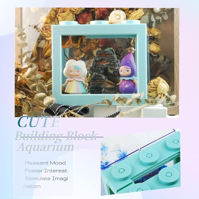Small Betta Fish Tank, Stackable Mini Fish Tank Aquarium Tank Kit, 3/5 Gallon Rectangular Fish Bowl with Aquarium Gravel Decoration, Tiny Cube Tank for Seaweed Balls Sea Monkeys