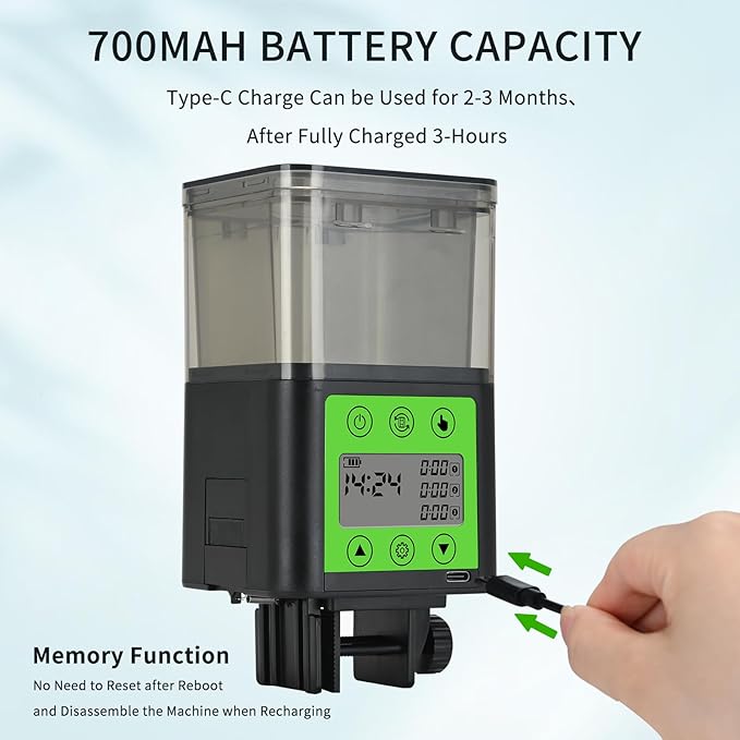 Podazz Automatic Fish Feeder for Aquarium with Timer, LCD Display 320ML Large Capacity Adjustable Fish Dispenser, Operated Feeders for Goldfish, Turtle for Vacation, Weekend or Daily Use(Green)