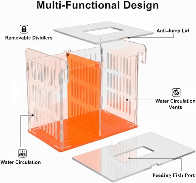 Fish Breeder Box for Aquarium, Acrylic Hatchery Incubator with Long Handle Net - Breeding & Isolation Box for Baby Fish, Shrimp, Betta Guppy, Tank Divider (Orange, 9x5.3x6.7 in)