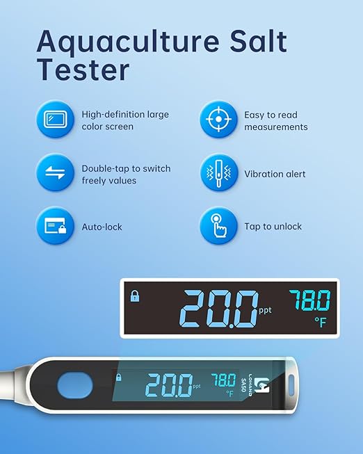 Salt Tester, Platinum Electrode & Concave Surface for Lab-Grade Accuracy, Digital Salinity Meter for Aquaculture/Saltwater/Aquarium, Range: 0-50ppt/1.000～1.037(SG)