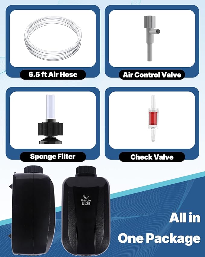 Pawfly Aquarium Air Pump, Fish Tank Air Pump, Quiet Adjustable Oxygen Pump with Mini Sponge Filter, Airline Tubing & Accessories, for 5-200 Gallon Fish Tank