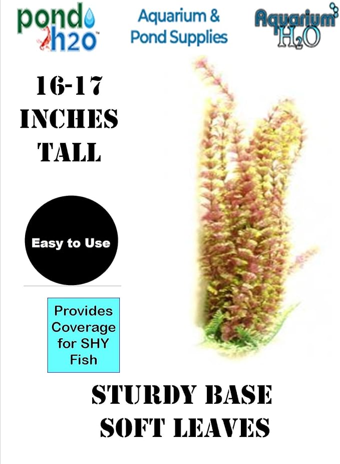 Green & Burgundy 16 Inch (41-43cm) Tall Plastic Aquarium Plant with Base, Fish Tank Foliage Ornament | Tall Plastic Seaweed Aquascaping Decoration
