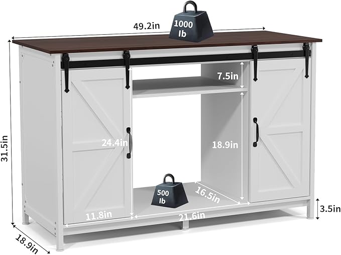 VOWNER Farmhouse 55-75 Gallon Fish Tank Stand with Power Outlet, Aquarium Stand with Storage Cabinet and Sliding Barn Door, Heavy Duty Reptile Tank Stand, for 2 Tanks, 1000LBS Capacity, White + Walnut