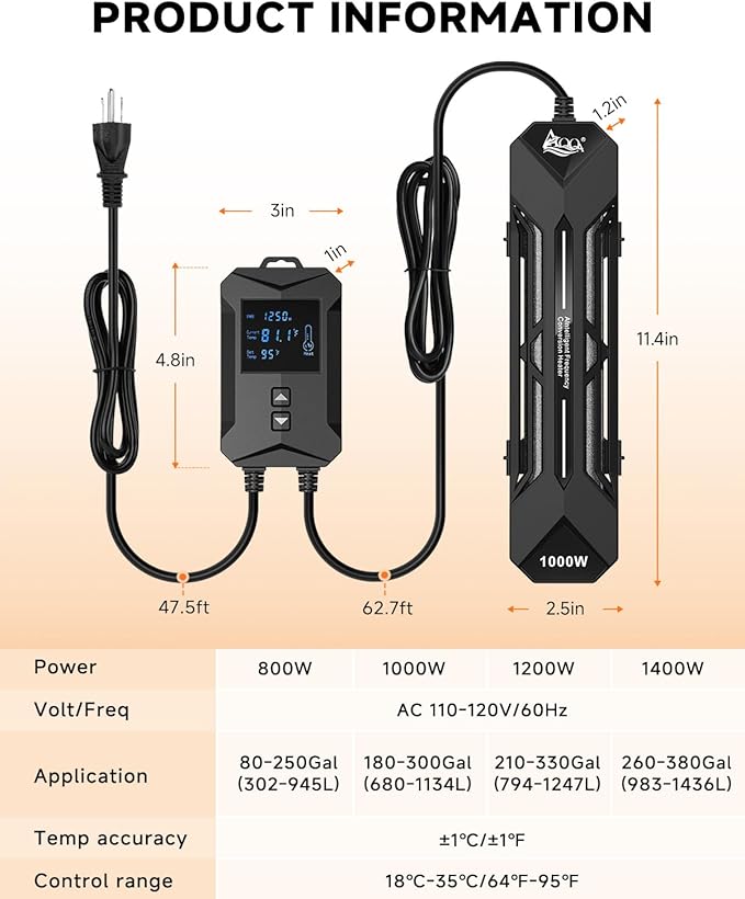 AQQA Aquarium Heater 800W/1000W/1200W/1400W Fish Tank Heater with LED Digital Display 110-120V Submersible No Pond Heaters with Overheat & Dry-Out Protection for Freshwater & Saltwater Tanks (1000W)