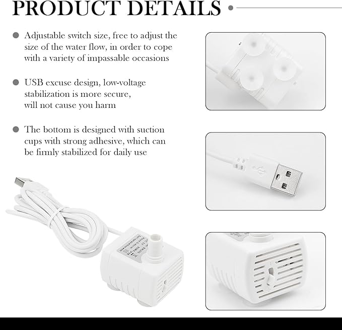 Replacement Pump for Pet Drinking Fountains, Quiet DC Brushless Motor, USB Powered, Mini Cat Water Dispenser, White, ABS Material, Above Ground, 5V, Pet Pump