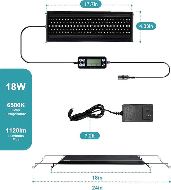 24/7 LED Aquarium Light, IP68 Waterproof Extendable Bracket Fish Tank Light with Timer, 7 Colors, 10 Level Adjustable Brightness, DIY Mode Full Spectrum Aquarium Plant Light for 18-24 Inch Fish Tank