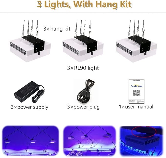 PopBloom 3PCS RL90 Led Aquarium Light for Coral Reef, Smart-APP Control Reef Led Light Aquarium Marine Lighting Fish Tank Light for 120-150CM Saltwater SPS/LPS Reef Aquarium(3 Light with Hang Kit)