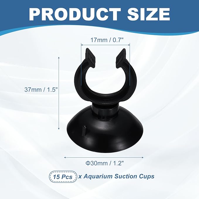 Aquarium Suction Cups, Fish Tank Suction Cups Clips Airline Tube Holders Clamps (Plastic, 15Pcs, Black) for 0.7" Fish Tank Airline Tubing Binding Moss Shrimp Nest, 17x30MM