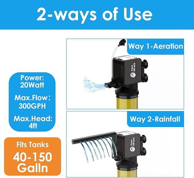 AquaMiracle 3-Stage Aquarium Filter (for 40-150 Gal Tanks) with Filter Sponges Pack (Including 2 x Coarse Sponge, 2 x Fine Sponge & 4 x Carbonized Sponge)