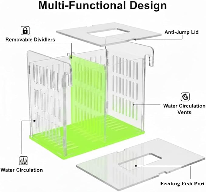 Green Acrylic Aquarium Breeder Box, 7.4x5.3x6.3 in Hang-On Fish Isolation Box with Long Handle Net, Removable Divider & Feeding Hole for Betta Guppy Shrimp Freshwater Saltwater
