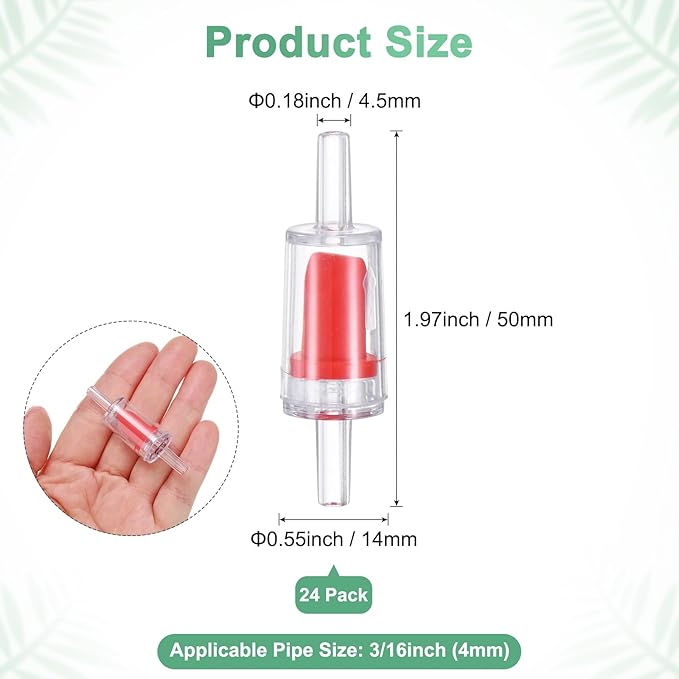 M METERXITY 24-Pack Aquarium Air Check Valve, Plastic One Way Non-Return Valves Air Valve Air Tubing Accessories Air Pump Accessories for 3/16" Airline Tubing Fish Tank [Clear Red]