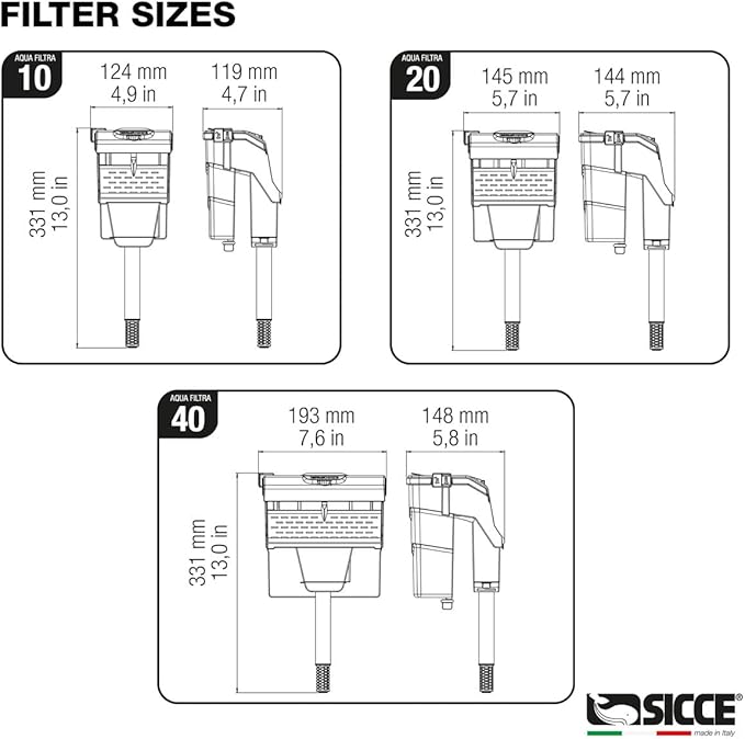 Sicce Aqua Filtra 20 Hang On Back Aquarium Fish Tank Power Filter Up to 20 Gallon Aquariums - Quiet 3-Stage HOB for Freshwater & Saltwater