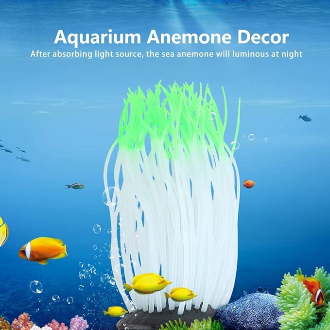 Pssopp Simulation Silicone Luminous Sea Anemone Ornament Artificial Plant Simulation Sea Anemone for Aquarium Fish Decoration with Suction Cup(Green)