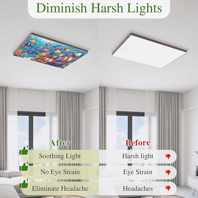 Marine Organism 4PCS Fluorescent Light Covers - Lampshade Ceiling Lights with 10 Magnets Fixtures, Underwater World Fish Coral Light Filters Cover Panel for Soften Glare Indoor Spaces Supplies