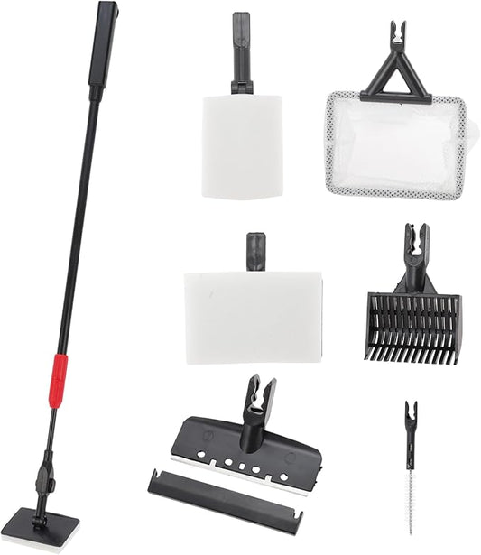 Fish Tank Cleaning Tools, 6 in 1 Fish Tank Cleaning Tools, Aquarium Cleaning Kit, Adjustable Telescopic Long Handle, with Scraper, Fish Net, Gravel Rake, Sponge Brush