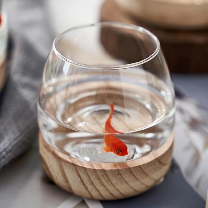 Glass Fish Bowl with Wooden Base, Transparent Small Aquarium Desktop Tank Vase Plant Terrarium Vase Home Decor, Multipurpose Aquarium Bowl for Betta Fish Goldf-ish