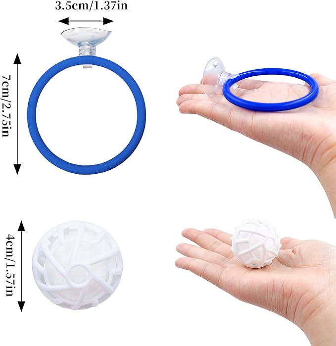 Betta Fish Tank Accessories, 2 Plastic Feeding Rings with Suction Cups and 2 Nitrifying Balls, Betta Enrichment Toys, Fish Tank Decor, Turtle Toys for Aquatic Turtles