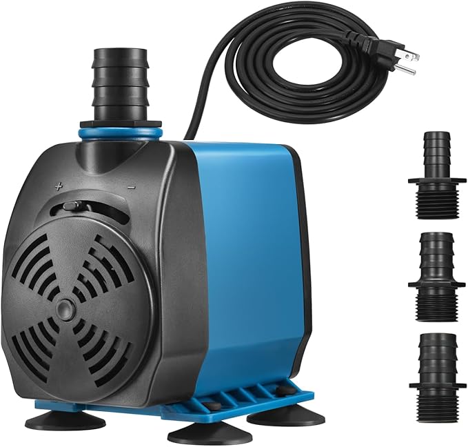 TONGCHANT Submersible Pump, 800GPH & 10ft Lift | 60W Adjustable Flow Fountain Pump for Small Pond Fish Tank & Aquarium, 3 Nozzles(1/2", 5/8" & 3/4"), Fish Safe & Ultra Quiet Operation, ETL Listed
