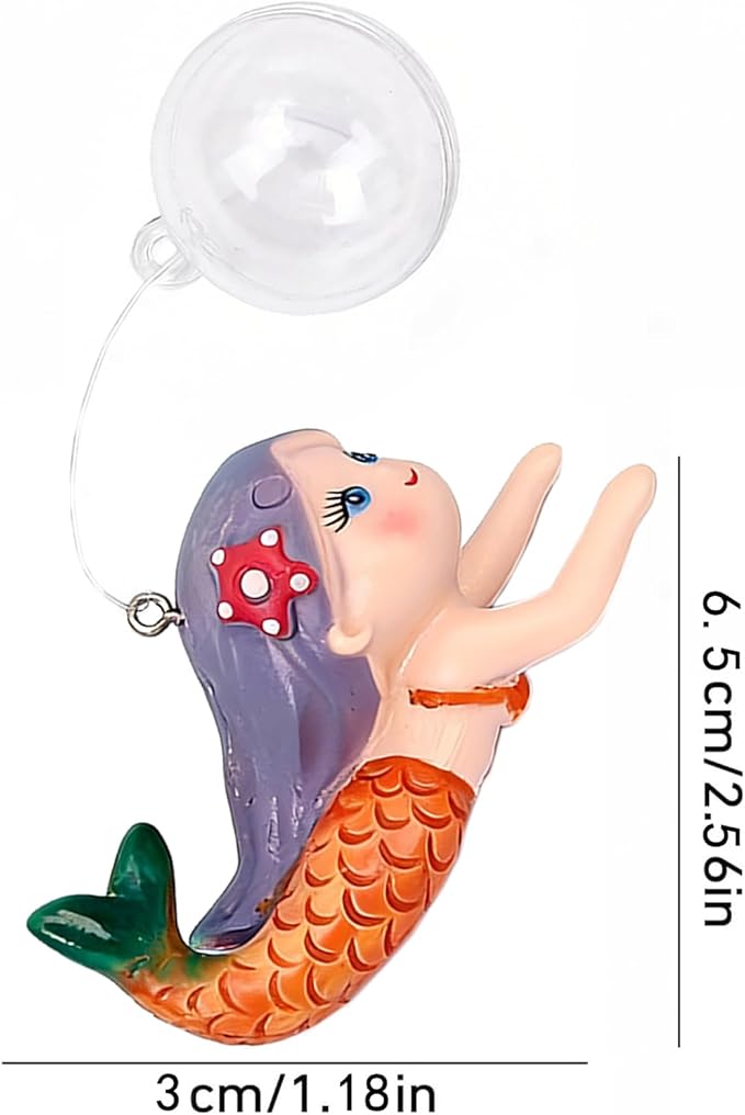 Floating Mermaid Aquarium Ornament, Handcrafted Cute Mermaid Statue with Floating Ball, Colorful PVC Resin Fish Tank Decor for Home Aquariums & Desktop Water Features (Orange)