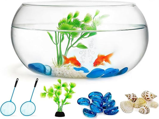 Jucoan 0.9 Gallon Glass Fish Bowl with Decor, Clear Round Shallow Glass Bowl for Betta Fish and Aquatic Plants, Includes Aquarium Decor Stones, Tree and Fish Nets for Holiday Wedding Centerpiece