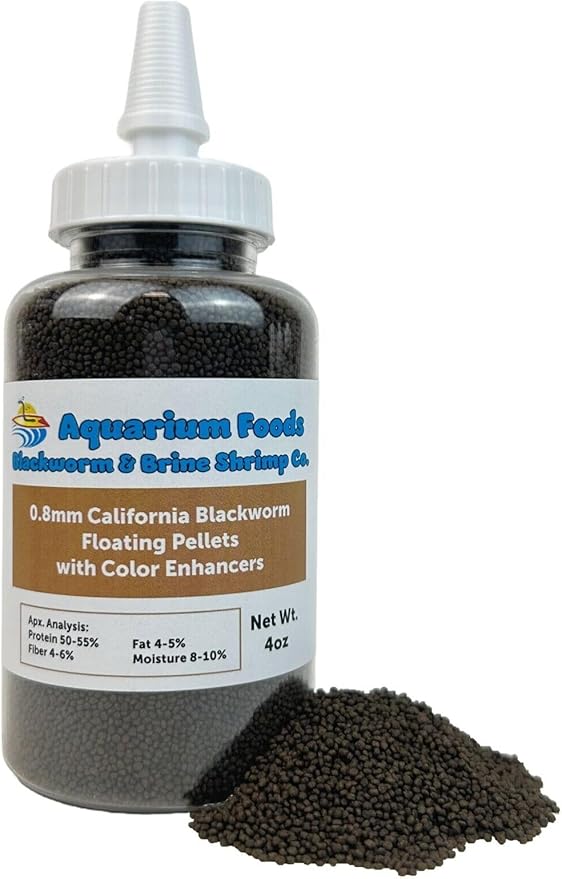 0.8mm Micro California Blackworm Floating Pellets w/Color Enhancers & Vitamins for Guppies, Tetras, Bettas, Nano Fish, All Baby Fish…4oz Squeeze Bottle