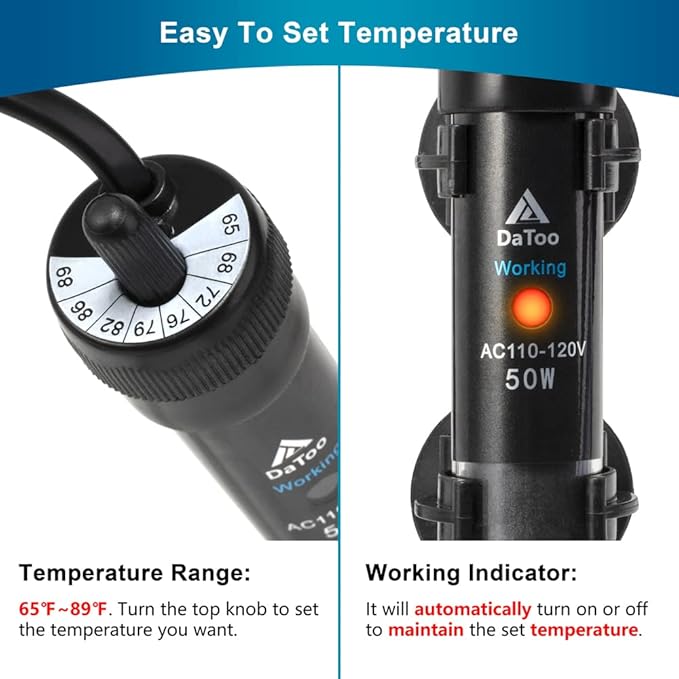 DaToo Aquarium Heater Adjustable 100W Submersible Fish Tank Heater with Electronic Chip Thermostat Suitable for Marine Saltwater and Freshwater