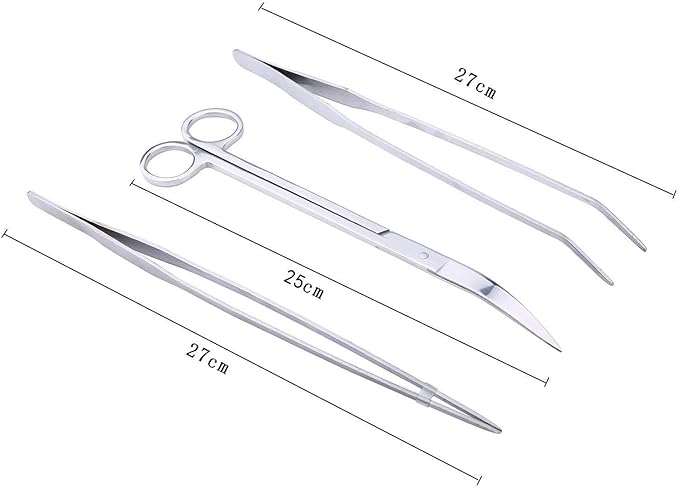 FEITA Aquarium Tweezer Set - Long Stainless Steel Curved & Straight Feeding Tweezers Scissors Maintenance Tools Kit (3 Pcs)