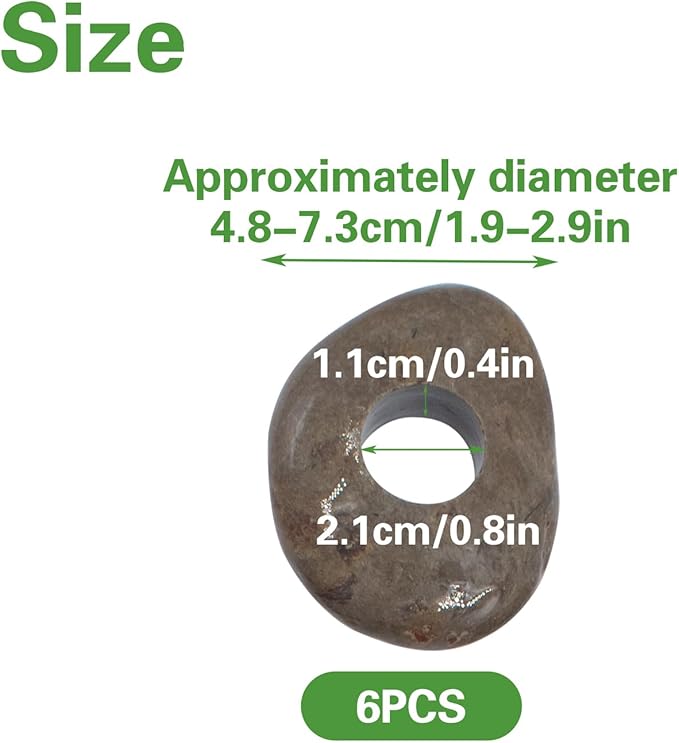 6 Pcs Natural River Stone Plant Weights for Fish Tank, Pebble Aquatic Plants Fixed Ring, Unique Anti-Floating Decorative River Rock Anchors for Aquarium Landscape Decoration (0.79'' Hole Diameter)