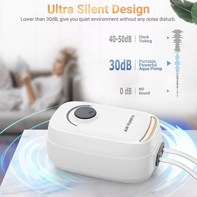 MoonOrange 3W/6W Aquarium Air Pump, Adjustable Aquarium Aerator with 2-Outlet, Super-Powerful & Quiet Oxygen Pump for Fish Tanks up to 100/200 Gallon with Full Accessories.(Upgrade Noise-Reduce)