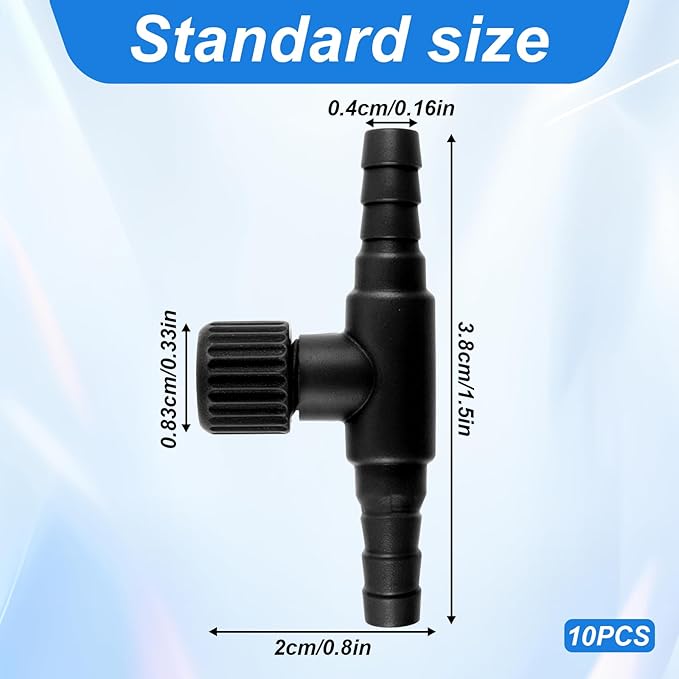 Psyqtsuary Aquarium Air Valve, 10 Pcs Aquarium Air Pump Control Valves T Shaped Single Way Plastic Air Flow Control Regulator Aquarium Air Pump Accessories for Fish Tank 3/16" ID Tubing (Black)