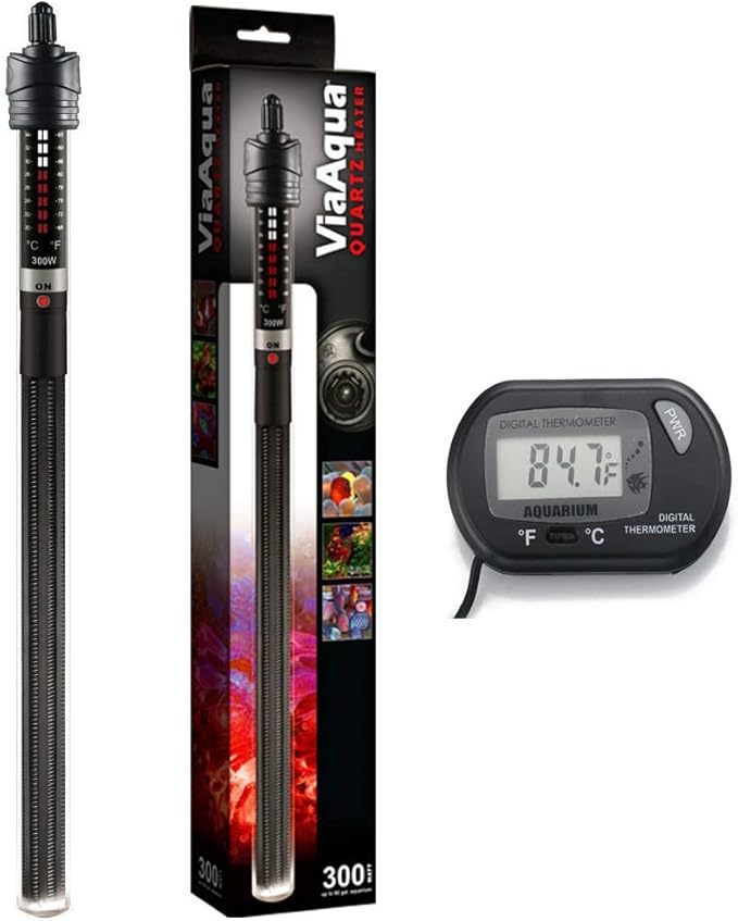 ViaAqua 300-Watt Quartz Glass Submersible Heater with Aquarium Thermometer with Suction Cup