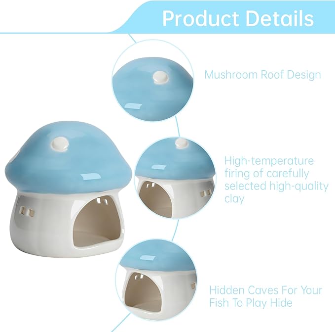 Saim Ceramics Mushroom House Aquarium Decor, Betta Fish Tank Accessories Landscape Decoration, Small Shrimp Goldfishes Habitat Hut Pleco Smalland Breeding Hide Caves Toad House - Blue