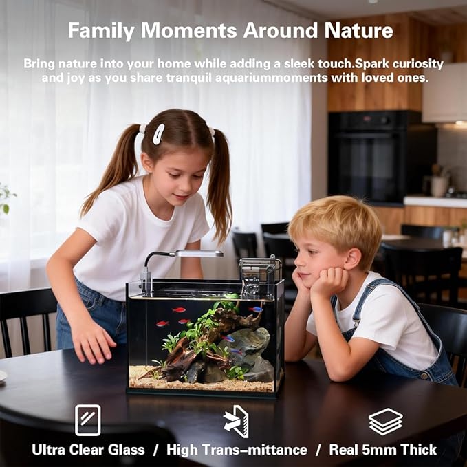 Glass Fish Tank Kit,2.8 Gallon Fish Tank,Small Aquarium, Ultra-Clear Nano Aquarium,Betta Fish Tank,Small Fish Tank,Aquarium Starter kit,Desktop Fish Tank,with Light and Filter
