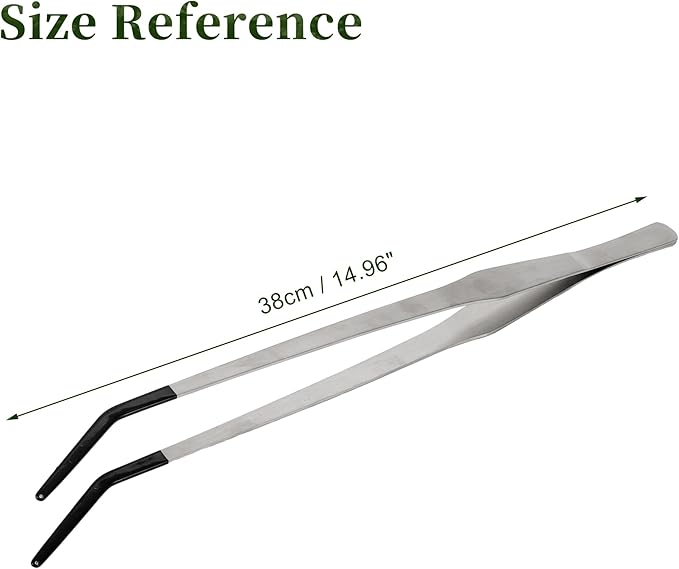 Reptile Feeding Tongs, Stainless Steel Lizard Feeding Tongs, Aquarium Curved Feeding Tweezers for Reptiles with Rubber Tip, Terrarium Feeding Tongs 14.96" L, Black Silver Tone