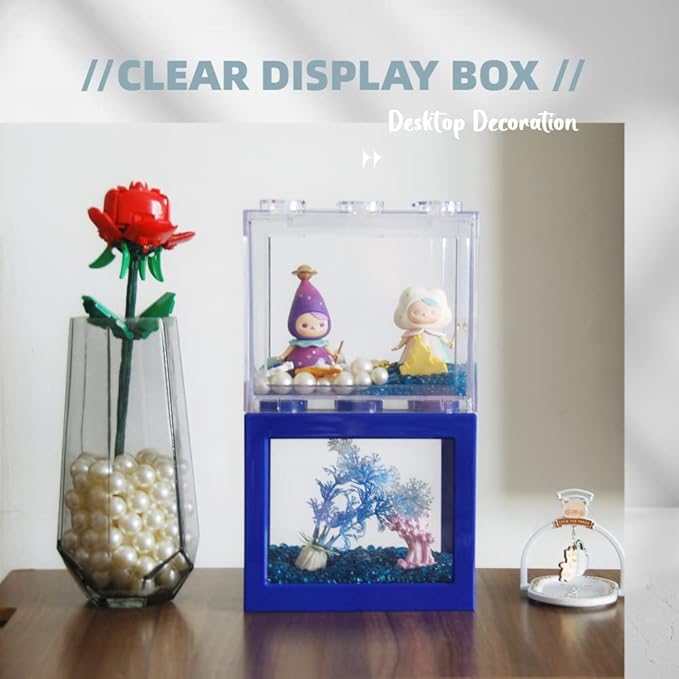 Small Betta Fish Tank, Stackable Mini Fish Tank Aquarium Tank Kit, 3/5 Gallon Rectangular Fish Bowl with Aquarium Gravel Decoration, Tiny Cube Tank for Seaweed Balls Sea Monkeys