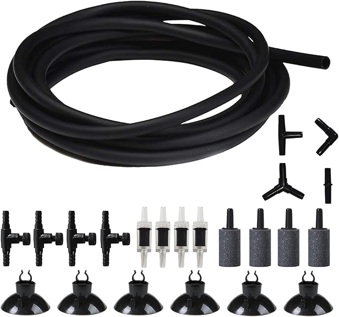 JIH Aquarium 25 Feet 3/16 Inch ID Flexible Airline Tubing Come with Check Valves, Suction Cups, Air Stone, Control Valves and Connectors (Black)