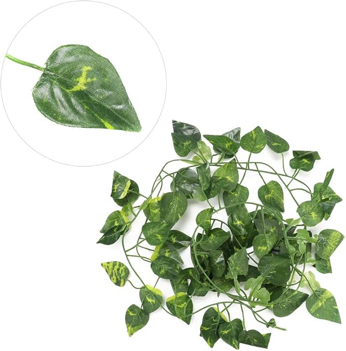 Zerodis Vine, 6.89ft Artificial Fake Vine Hanging Plant Decor Terrarium Plants Rainforest Landscape for Reptiles and Amphibians(Scindapsus Leaves)