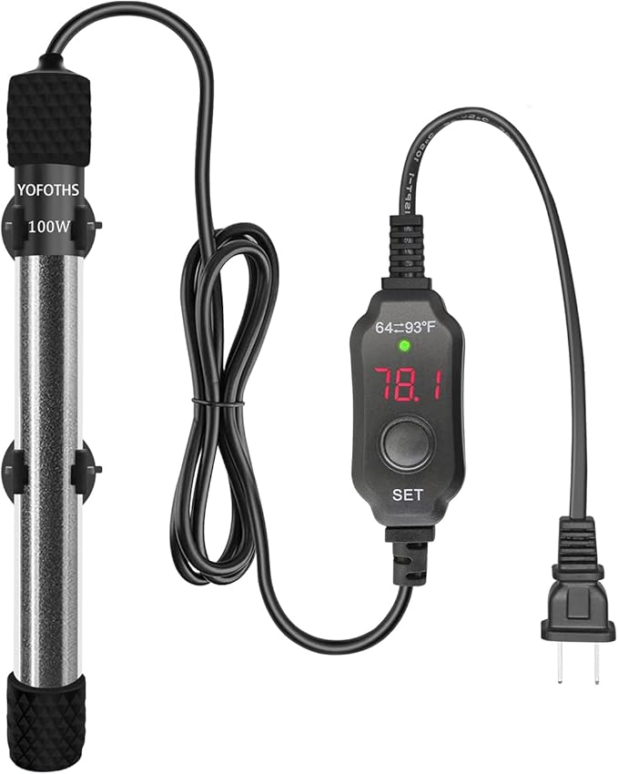 YOFOTHS Adjustable Mini Aquarium Heater 10-20 Gallons Submersible Small Fish Tank Heater 100W Digital Display Thermostat External Temperature Controller (100W)