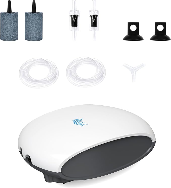 AQQA Air Pump Aquarium Quiet Oxygen Aerator Pump Dual Outlets Fish Tank Bubbler Pump with Air Tubes Air Stones & Check Valve (5W for Up to 160 Gal)