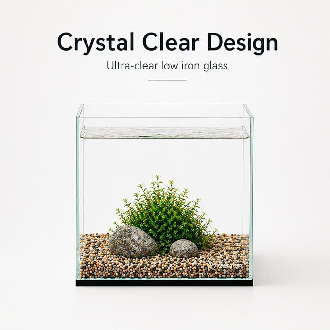 Aquatop High Clarity Low Iron Glass Cube Aquarium, 2.11-Gal – 5mm Thick Glass – Slim Design – Fresh & Saltwater – Desktop Tank with Silicone Sealing