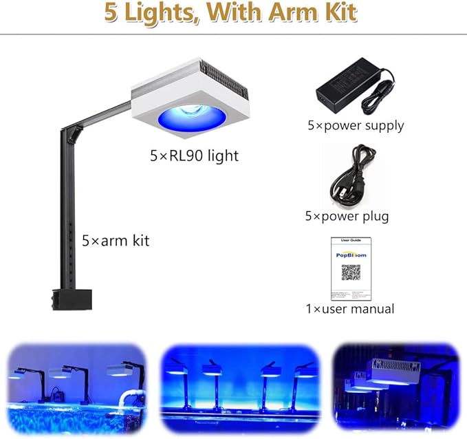 PopBloom 5PCS RL90 Led Aquarium Light for Coral Reef, Smart-APP Control Reef Led Light Aquarium Marine Lighting Fish Tank Light for 240-300CM Saltwater SPS/LPS Reef Aquarium(5 Light with Arm Kit)