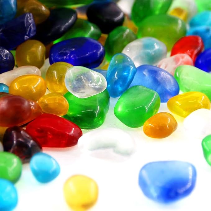 Rainbow Glass Stones, 1Lb/460g Irregular Sea Glass Pebbles Non-Toxic Artificial Crystal Stones for Handmade Artwork/Vase Filler/Terrarium Flowerpot Aquarium Turtle Tank Decoration, Multicolored