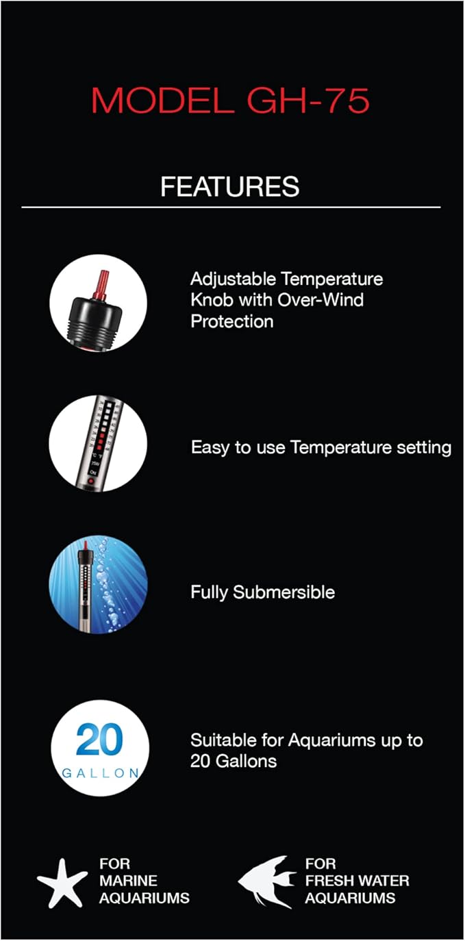 Aquatop 75W Aquarium Submersible Glass Heater – Fully Submersible for Fish Tanks Up to 20 Gallons, 68-93F Adjustable Temperature Range, Fresh & Saltwater Use, Aquarium Heaters, GH-75