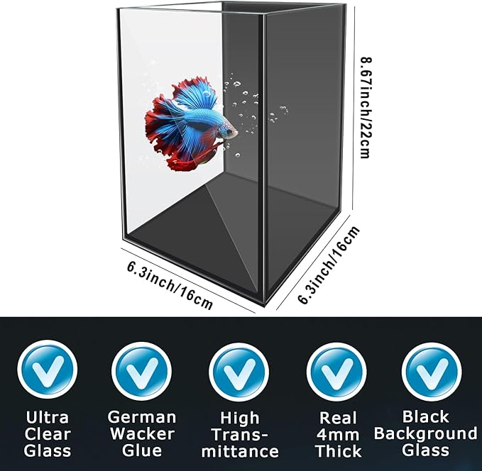 Glass Aquarium Starter Kits 1.5 Gallon Small Fish Tank, Betta Fish Tank for Home Office Deco, with LED Light, Power Filter, 4mm Glass, Black