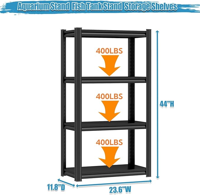 Fish Tank Stand Aquarium Stand 1600LBS Adjustable Metal Shelving Storage Shelves Heavy Duty Display Shelves Utility Shelf for Turtle Tank, Reptile Terrarium, 44"H × 23.6"W × 11.8"D, Black