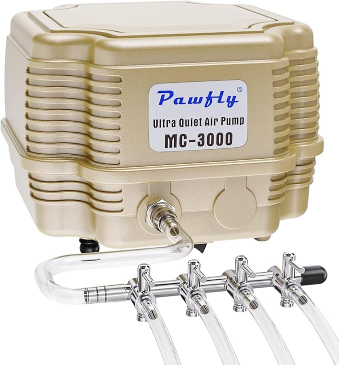 Pawfly 254 GPH Aquarium Air Pump Adjustable Quiet Oxygen Aerator Pump with Multi-Port Air Flow Control Lever Valve Splitter and Airline Tubing for Fish Tanks Ponds and DWC Systems Up to 300 Gallons