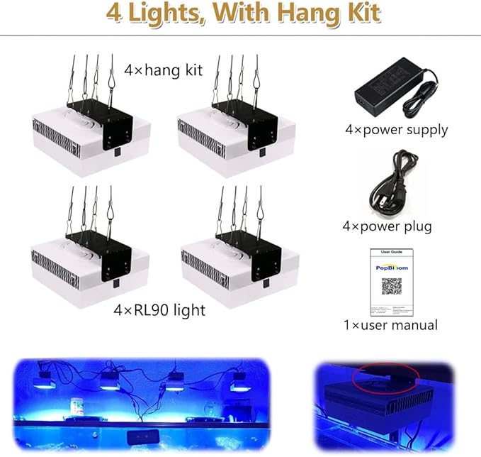 PopBloom 4PCS RL90 Full Spectrum Led Aquarium Light Fish Tank LED Light Reef Light Marine Aquarium Tank Lamp for 96" 240CM Reef Fish Tank Light with Smart APP Control(Full Spectrum - with Hang Kit)