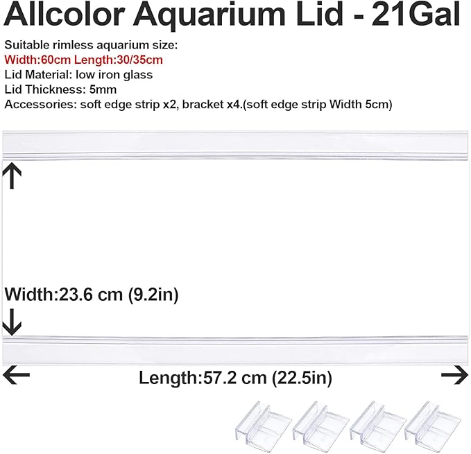 Allcolor Low Iron Glass Canopies for Rimless Aquariums (Aquarium Length: 23.6in/60cm)