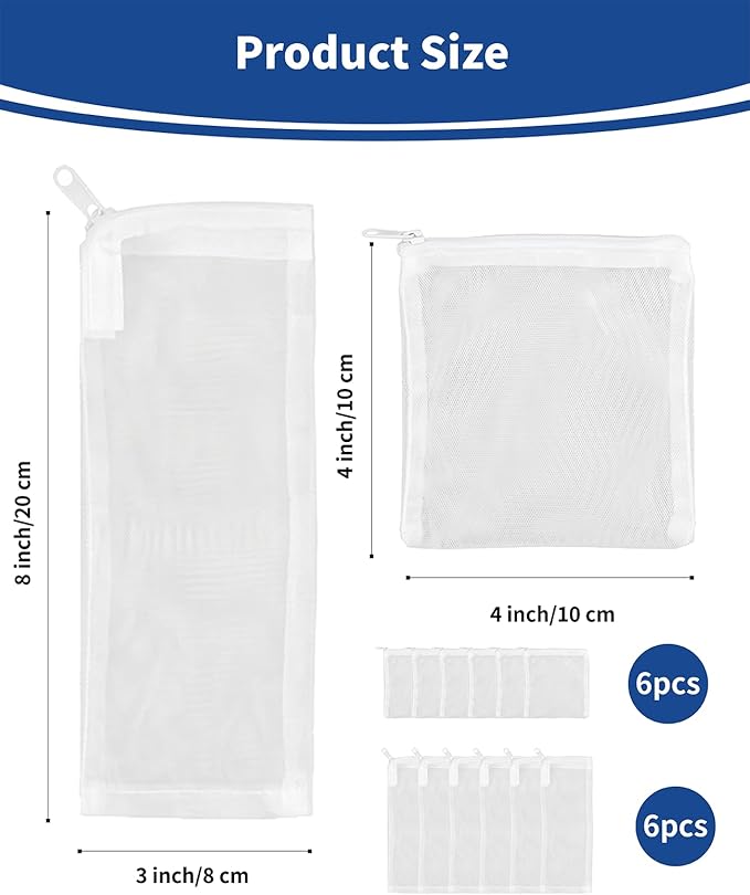 12PCS Aquarium Filter Media Bags, 6PCS 4” x 4” & 6PCS 3” x 8” Extra Fine 100 Micron Mesh with Plastic Zipper for Fish Tank Filter Media, Activated Carbon